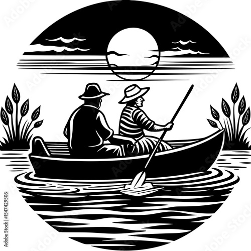 Couple rowing in a boat on a lake at sunset in black and white