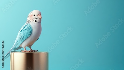 A Budgerigar perched on a chrome, golden podium with exquisite detailing.