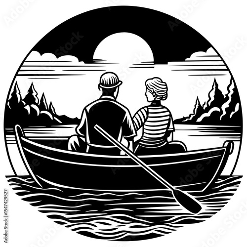 Couple rowing in a boat on a lake at sunset in black and white