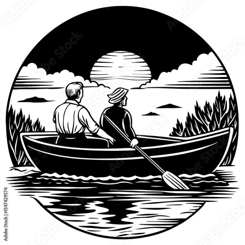 Couple rowing in a boat on a lake at sunset in black and white