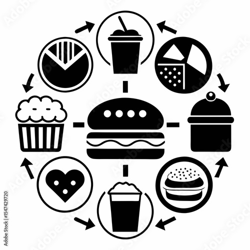 Fast food icons arranged in a circle isolated on white background