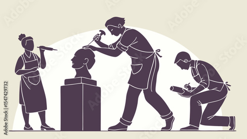 Flat design vector illustration of artists sculpting a bust with chisels and an artist sketching in a creative art studio, showcasing artistic craftsmanship and process