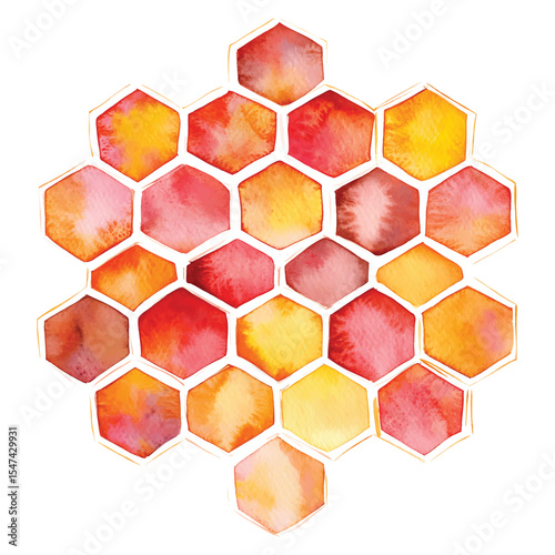 Watercolor honeycomb pattern vivid colors on transparent background vector for design elements and honey theme