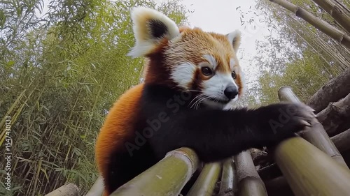 Playful red panda climbing bamboo in a lush forest setting