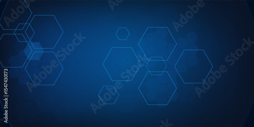 Technology dark blue wide abstract background with hexagonal elements. Abstract hexagon medical navy blue horizontal banner. Innovation medicine, science, technology or high intelligence design.