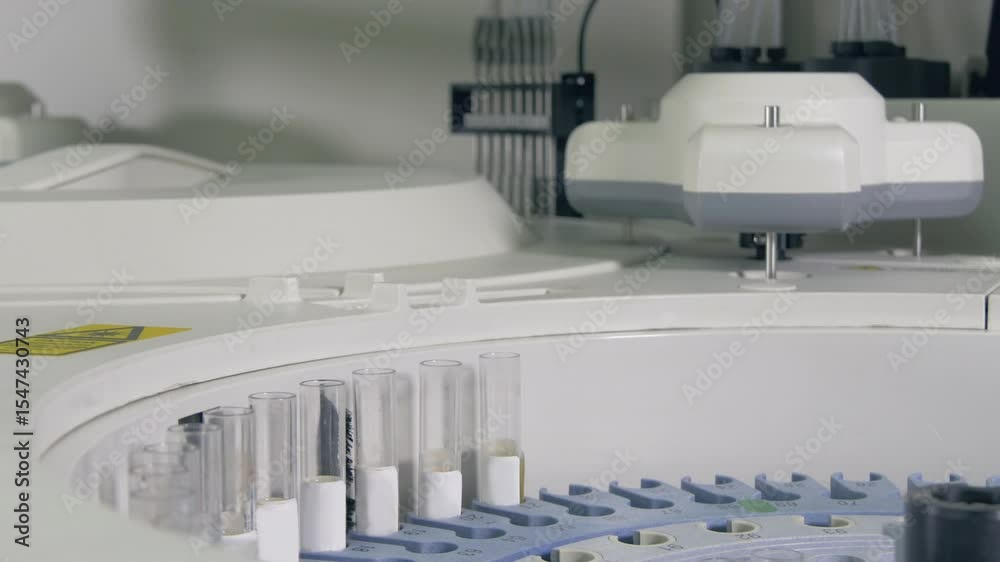 Close up of a robotic arm in a modern medical centrifuge machine automatically processing blood and other clinical samples in test tubes.