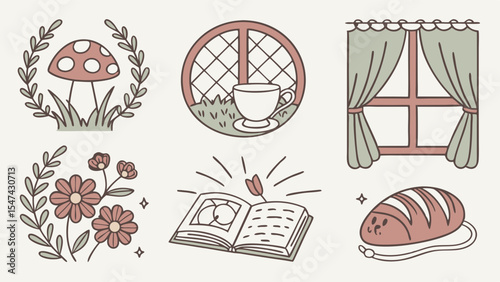 Cozy Cottagecore Aesthetic Vector Illustrations Featuring Whimsical Mushrooms, Flowers, Windows, Teacup, Open Book, and Bread in a Pastel Hand-Drawn Style.