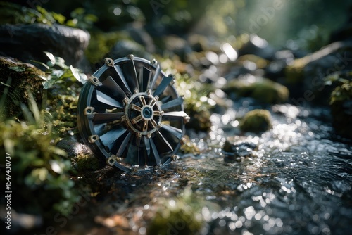 A captivating close-up of a turbine wheel resting by a clear stream, contrasting mechanical precision with nature's tranquility, enhanced by soft, diffused light