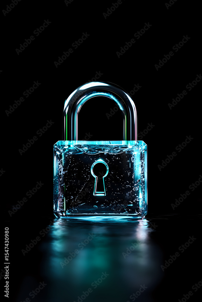 Fototapeta premium Glowing blue padlock with digital network pattern on black background, symbolizing cybersecurity and data protection in modern technology.