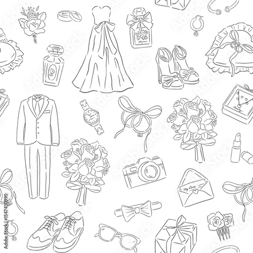 Wedding occasion hand drawn style illustration seamless pattern of dress, coat and flower
