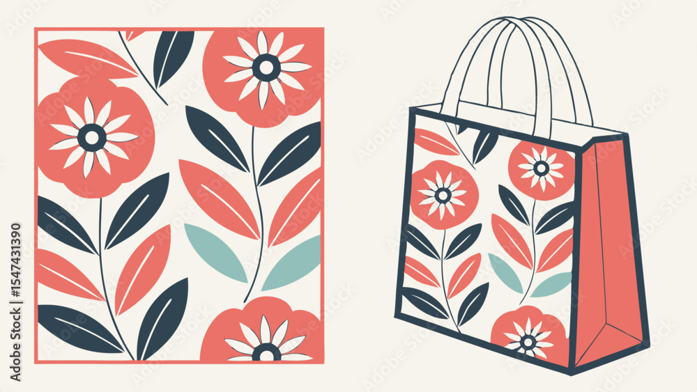 Obraz premium Stylish modern floral pattern design with coral red flowers and dark blue teal leaves on a cream background, showcasing a chic gift bag packaging concept.