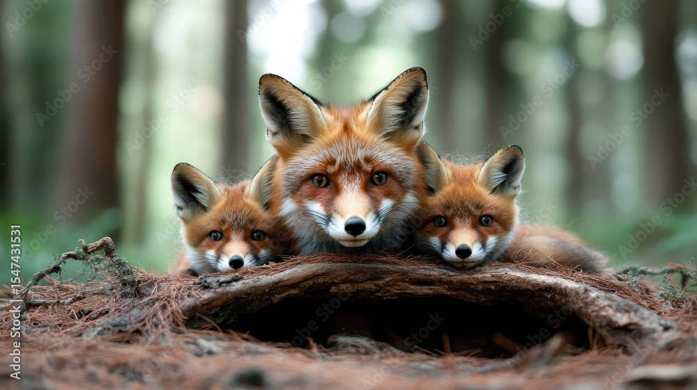 Obraz premium A heartwarming image of a family of three foxes resting together on a bed of pine needles, blending beautifully into their natural surroundings, symbolizing family bonds.