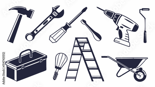 Black and white vector illustration of essential DIY and home improvement tools. Hammer, wrench, drill, ladder, toolbox, wheelbarrow for all repair work.