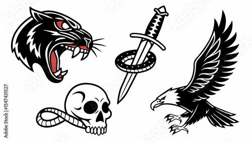 Vintage American Traditional Tattoo Designs with Roaring Panther, Flying Eagle, Skull, Dagger, and Snakes. Classic Old School Flash Art.