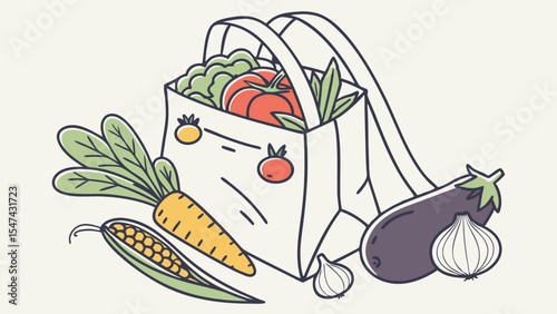 Fresh organic produce illustration with colorful vegetables spilling from a reusable grocery bag on a light background, promoting healthy eating and sustainable shopping.