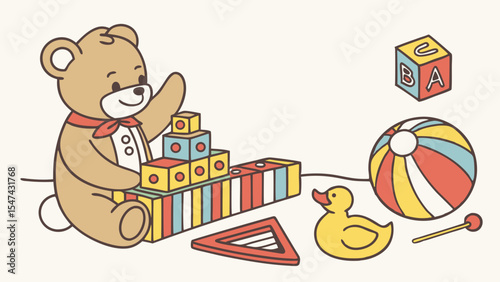 Charming cartoon teddy bear building colorful wooden blocks, surrounded by children's playtime toys like a beach ball, rubber duck, and ABC block illustration.