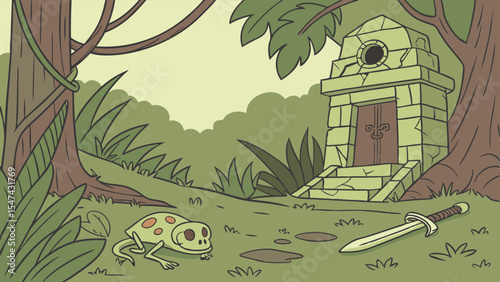 Whimsical cartoon illustration of a lush green jungle adventure scene featuring a mossy ancient stone temple, a curious spotted frog, and an ornate hero's sword.
