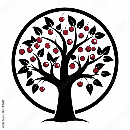 Cherry tree with red fruits and black leaves isolated on white background
