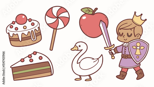Adorable cartoon fairy tale elements set featuring a brave prince, sword, shield, sweet cake, lollipop, magical apple, and elegant swan in a whimsical flat design.