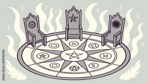 Detailed Monochrome Fantasy Art Depicting a Mystical Summoning Ritual Circle with Three Ornate Thrones, a Central Pentagram, and Esoteric Symbols.