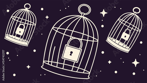 Minimalist white line art illustration of three empty birdcages with padlocks within, scattered stars on a dark background, symbolizing confinement and mystery.