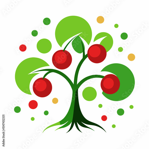 Stylized cherry tree with green leaves isolated on white background