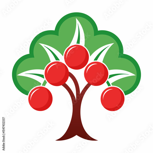 Stylized cherry tree with green leaves isolated on white background