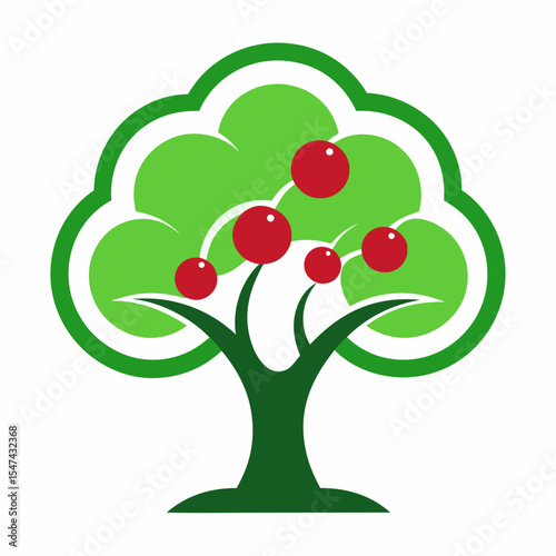 Stylized cherry tree with green leaves isolated on white background
