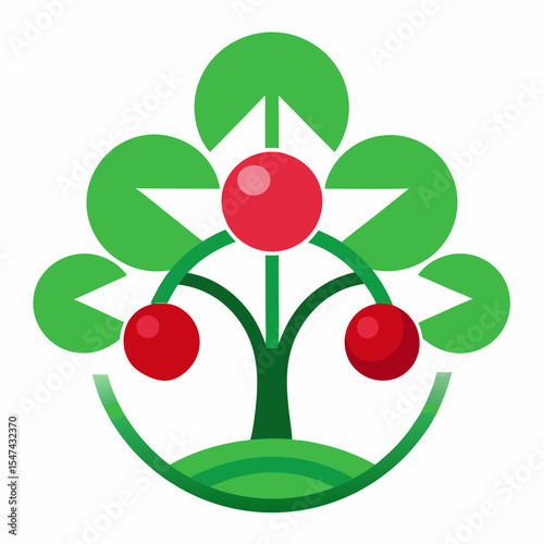 Stylized cherry tree with green leaves isolated on white background