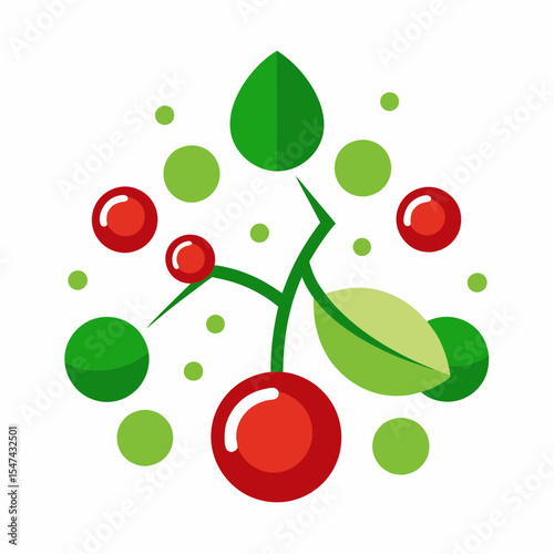 Stylized cherry fruit with green leaves isolated on white background