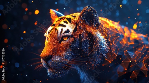 Stylized 3D tiger, sharp angular lines, modern design.