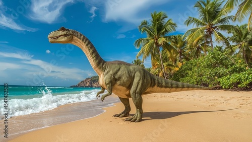 A dinosaur standing on an elegant birch platform near the ocean, surrounded by palm trees, blending prehistoric majesty with tropical luxury in a surreal and imaginative coastal landscape
