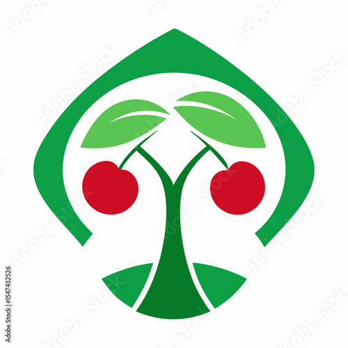 Stylized cherry tree with green leaves and red fruit isolated on white