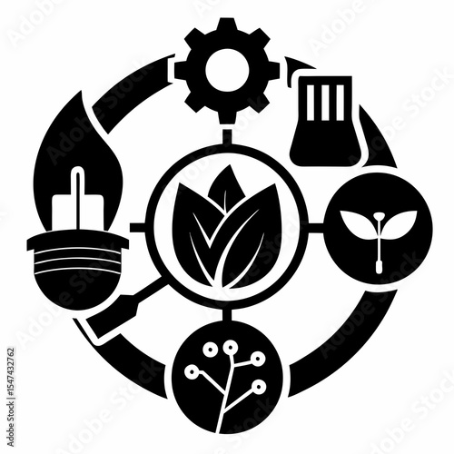 Renewable energy sources represented by icons in a circular design