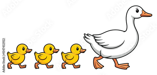 Cute Cartoon Goose Walking with Three Ducklings