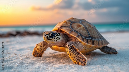 A turtle slowly moving across a beach, with its shell contrasting against the sandy landscape.