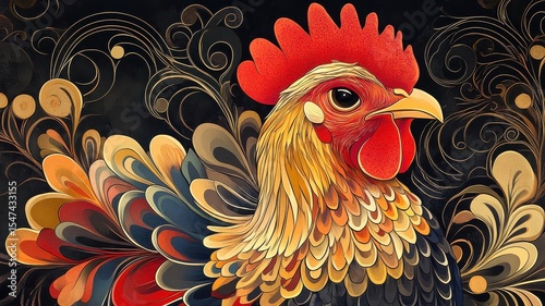 Chicken depicted in Art Nouveau style, adorned with flowing lines and intricate patterns that emphasize its charming and elegant nature.