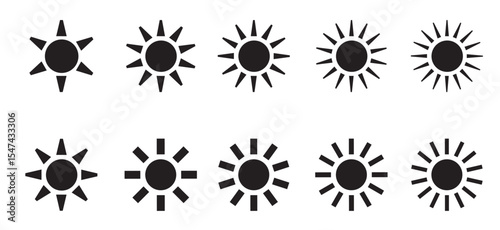 シンプルで使いやすい白黒の太陽のアイコンセット素材
