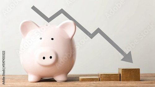 Sad piggy bank and arrow down. Difficult economic situation. Expenditure of savings and financial reserves. Falling income, economy lower wages. Falling GDP. Economic recession, crisis. Capital flight