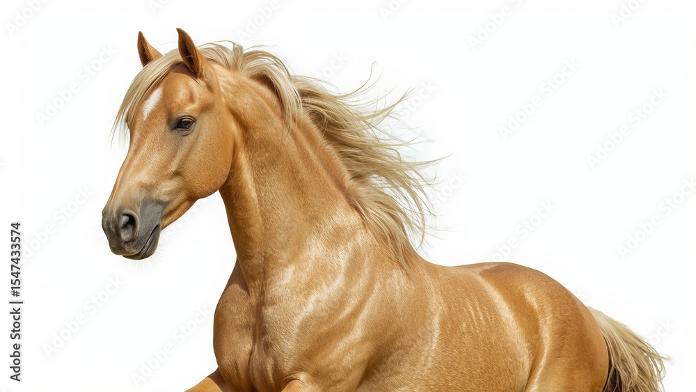 Fototapeta premium Elegant red horse standing proudly on a clean white isolated background, showcasing its strong posture, vibrant color, and graceful form, perfect for concepts of beauty, strength, and equine majesty 