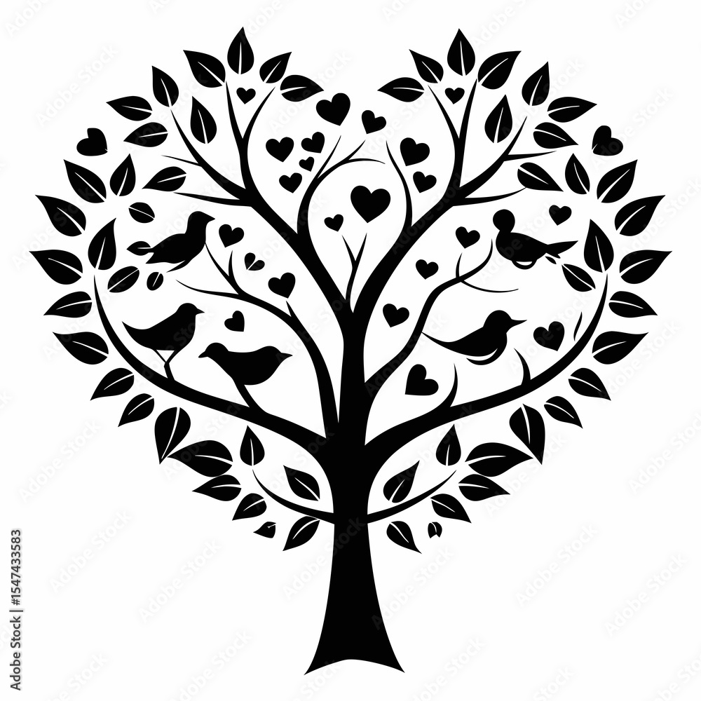 Obraz premium Heart shaped tree with birds and hearts isolated on white background