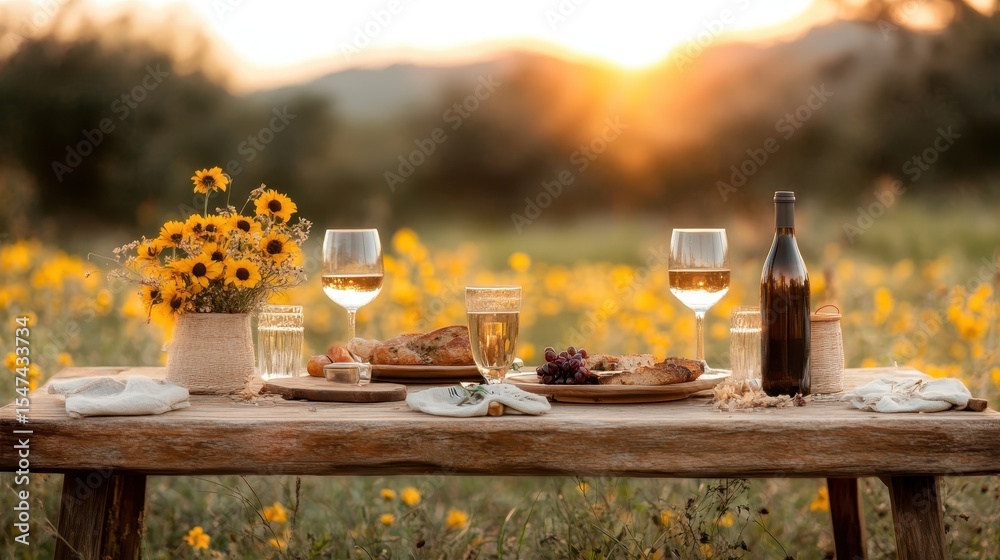 Fototapeta premium A beautifully laid dining table surrounded by flowers and sunset hues creates a picturesque picnic scene, evoking feelings of togetherness, serenity, and natural beauty.