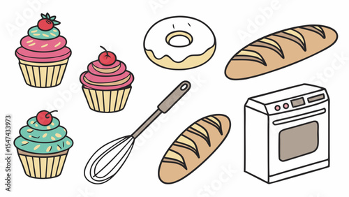 Vibrant cartoon illustration of baking essentials including frosted cupcakes, donut, baguettes, whisk, and oven. Sweet bakery food and kitchen tools vector art.