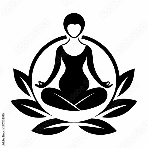 Silhouette of a woman in lotus pose meditating isolated on white background
