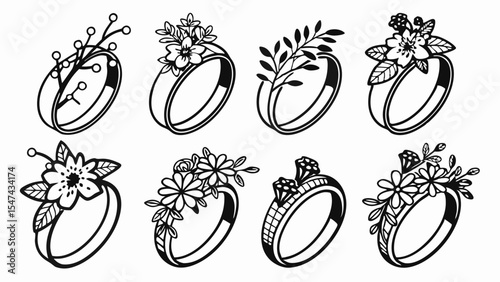 Elegant Floral Rings Line Art Collection Black and White Botanical Jewelry Designs Minimalist Wedding and Engagement Rings Illustrations Set Outline