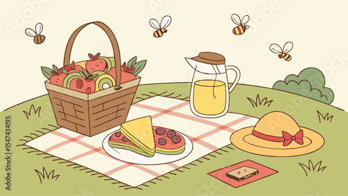 Cheerful cartoon picnic illustration with a fruit basket, lemonade, sandwiches, sun hat, and buzzing bees on green grass. Ideal for summer outdoor fun.