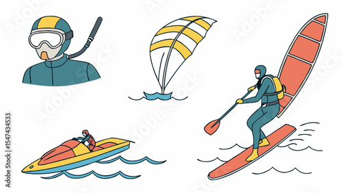Dynamic flat line art illustration showcasing popular water sports activities snorkeling, windsurfing, jet skiing, and stand-up paddleboarding.