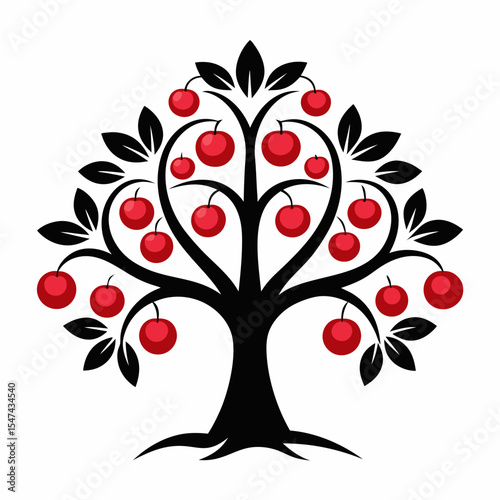 Apple tree with red fruits and black leaves isolated on white background