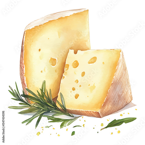Watercolor cheese illustration slices of cheese rosemary cheese plate vector cheese png on transparent background