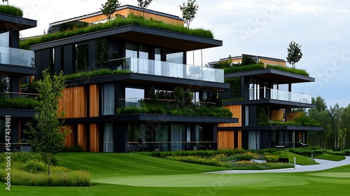 Modern Green Roof Apartments Sustainable Architecture Wood and Glass Facades Landscaped Grounds
